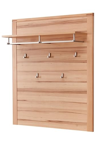 möbelando Garderobenpaneel >Nature One< in Kernbuche Teil-massiv FSC-Zertifiziert - Modernes Flurgarderoben Paneel mit 5 zuverlässigen Wandhaken und ABlageboden - 90/110 / 29 cm (B/H/T) von möbelando