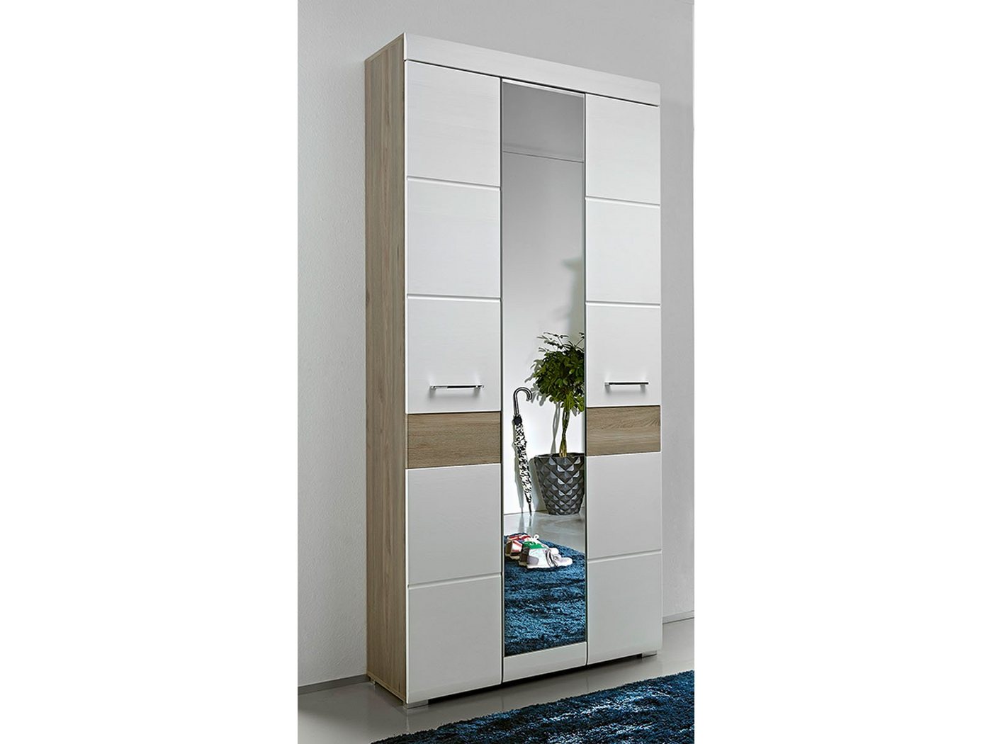 möbelando Garderobenschrank Allison Moderner Garderobenschrank aus Front MDF- Struktur in weiß und Absetzungen aus MDF in Silbereiche, Korpus in Silbereiche Nachbildung mit 2 Holztüren, 1 Spiegeltür, 6 Einlegeböden 1 Konstruktionsboden und 1 ausziehbare Kleiderstange. Breite 84 cm, Höhe 200 cm, Tiefe 40 cm. von möbelando