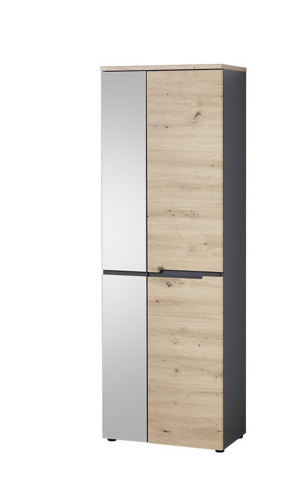 möbelando Garderobenschrank Meagan Moderner Garderobenschrank, Korpus aus Spanplatte in Graphit, Front aus MDF mit Spiegel in Artisan Eiche Nachbildung mit 1 Spiegeltür, 1 Holztüren, 1 Konstruktionsböden mit ausziehbarer Kleiderstange und 4 Einlegeböden. Breite 65 cm, Höhe 192 cm, Tiefe 38 cm von möbelando