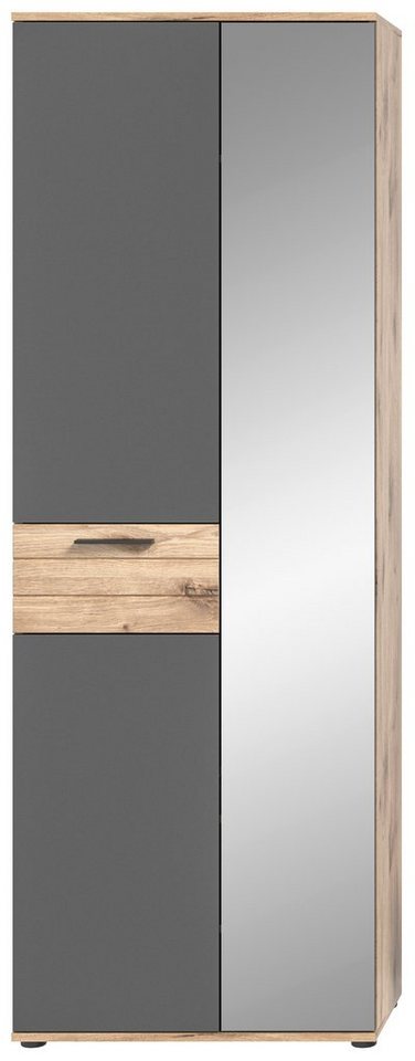 möbelando Garderobenschrank Missoula Moderner Garderobenschrank, Korpus aus Spanplatte in Nox Oak, Front aus MDF in Basalt Grau mit abgesetzter Rillenoptik in Nox Oak, mit 1 Holztüre, 1 Spiegeltüre 9 Ablageböden. Breite 70 cm, Höhe 200 cm, Tiefe 37 cm von möbelando