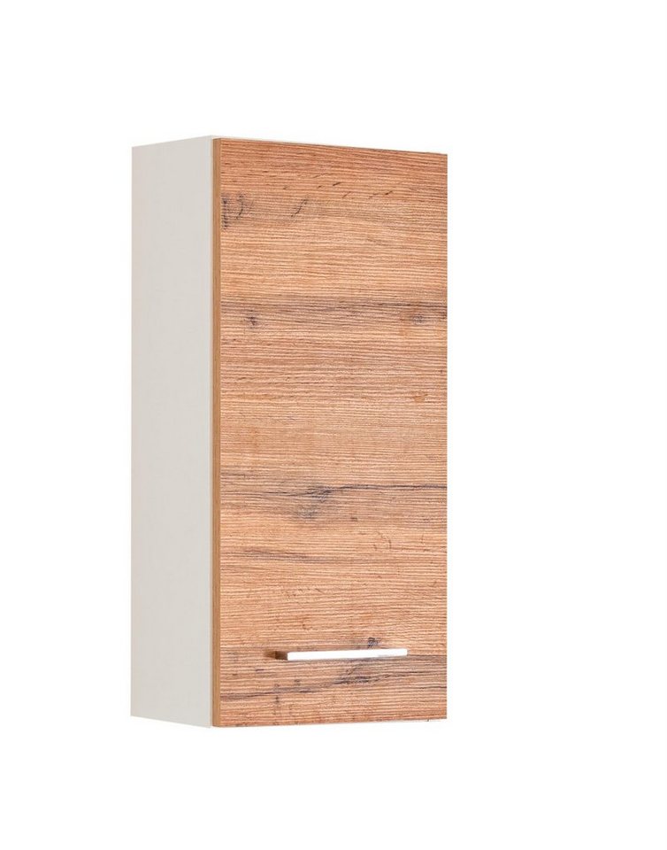 möbelando Hängeschrank Paris Moderner Hängeschrank, Korpus aus melaminharzbeschichteter Spanplatte in Weiß, Front in Wotan-Eiche mit 1 Holztür und 2 Einlegeböden. Breite 30 cm, Höhe 64 cm, Tiefe 20 cm von möbelando