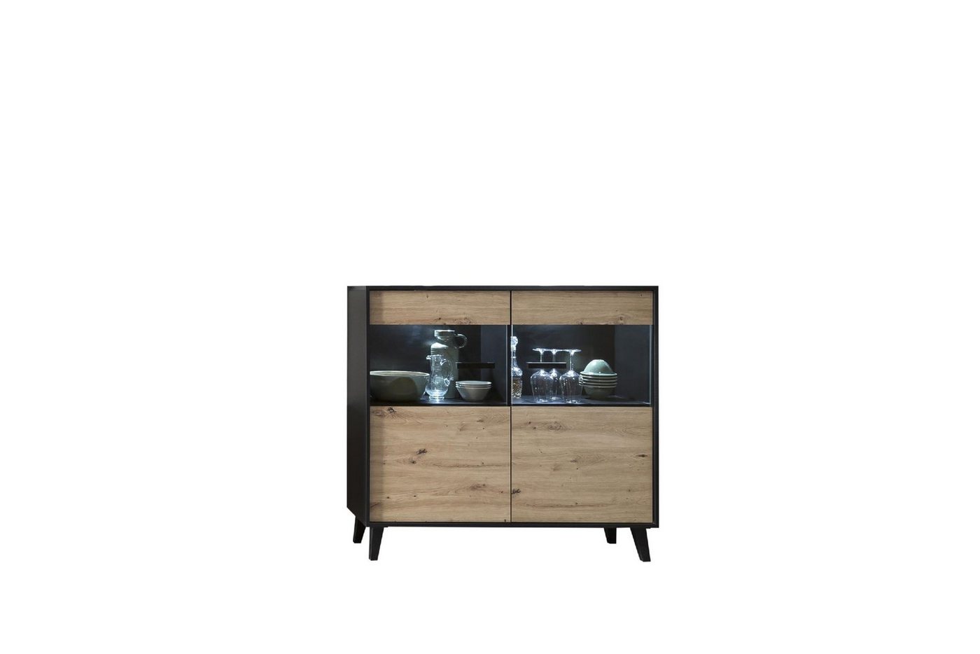 möbelando Highboard Artona, Modernes Highboard aus melaminharzbeschichteter Spanplatte, Front in Artisan-Eiche mit Glasabsetzung, Korpus in Schwarz, mit 2 Türen und 4 Einlegeböden, Breite 125,3 cm, Höhe 117,3 cm, Tiefe 39,3 cm von möbelando