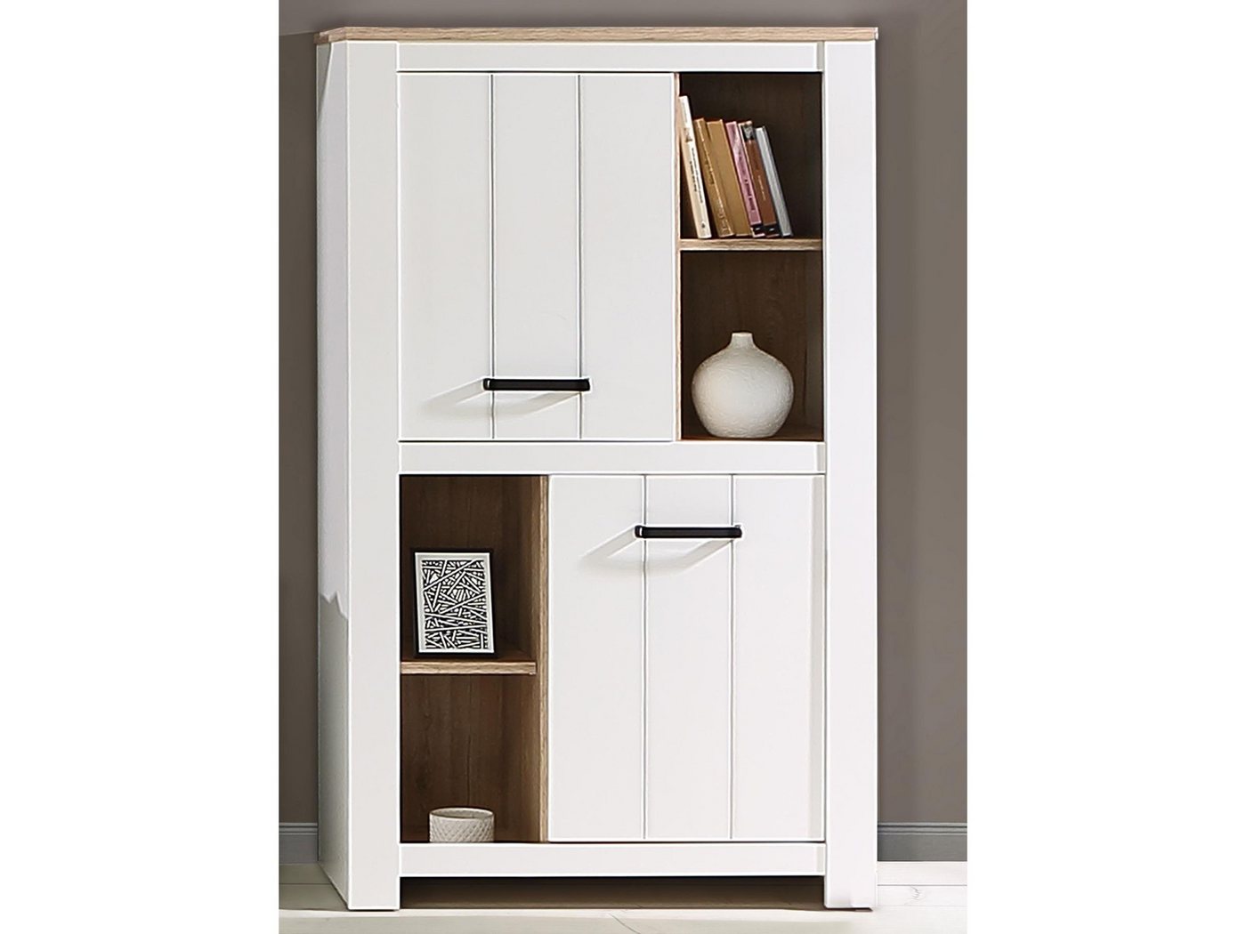 möbelando Highboard Chelles, Modernes Highboard aus Spanplatte in Weiß matt, Absetzung in Bianco Eiche Nachbildung mit 2 Holztüren, 4 Einlegeböden und 4 offenen Fächern. Breite 86,7 cm, Höhe 143,7 cm, Tiefe 42,2 cm von möbelando