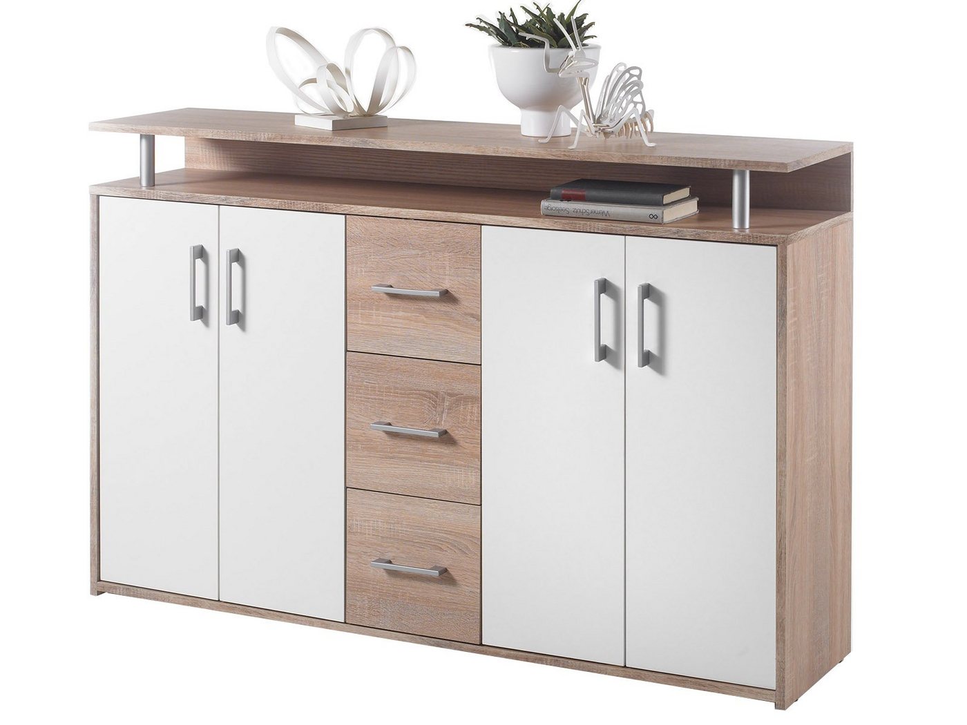 möbelando Highboard Delia, Highboard aus Spanplatte in Sonoma-Eiche hell Nachbildung mit 4 Türen in Weiß, 3 Schubkästen und 2 Einlegeböden. Breite 139 cm, Höhe 90 cm, Tiefe 34 cm. von möbelando