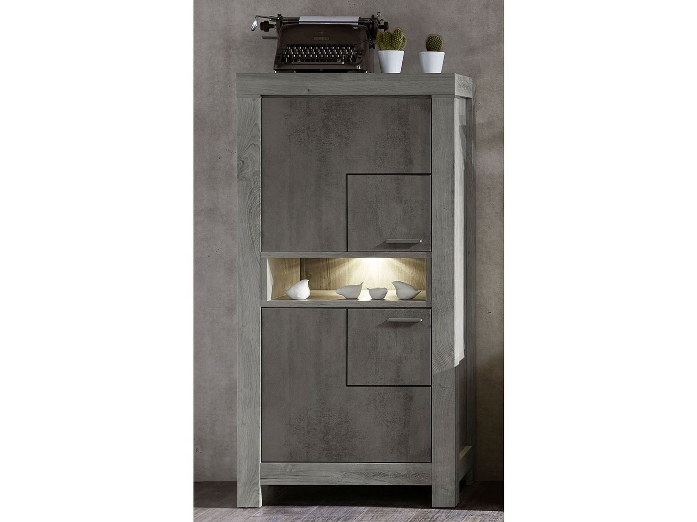 möbelando Highboard Gravesend, Modernes Highboard in Haveleiche Nachbildung / Beton Oxid dunkel Nachbildung, Korpus aus Spanplatte, Front aus MDF mit 2 Holztüren, 2 Einlegeböden und 1 offenen Fach, inkl. LED-Beleuchtung. Breite 76 cm, Höhe 160 cm, Tiefe 42 cm von möbelando