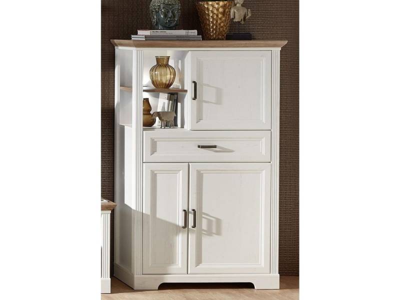 möbelando Highboard Jasmin, Highboard mit 3 Holztüren und 1 Schublade sowie 2 offene Fächer. Tür und Schubkasten mit Soft-Close-Funktion und Metallgriffen inkl. Beleuchtung von möbelando