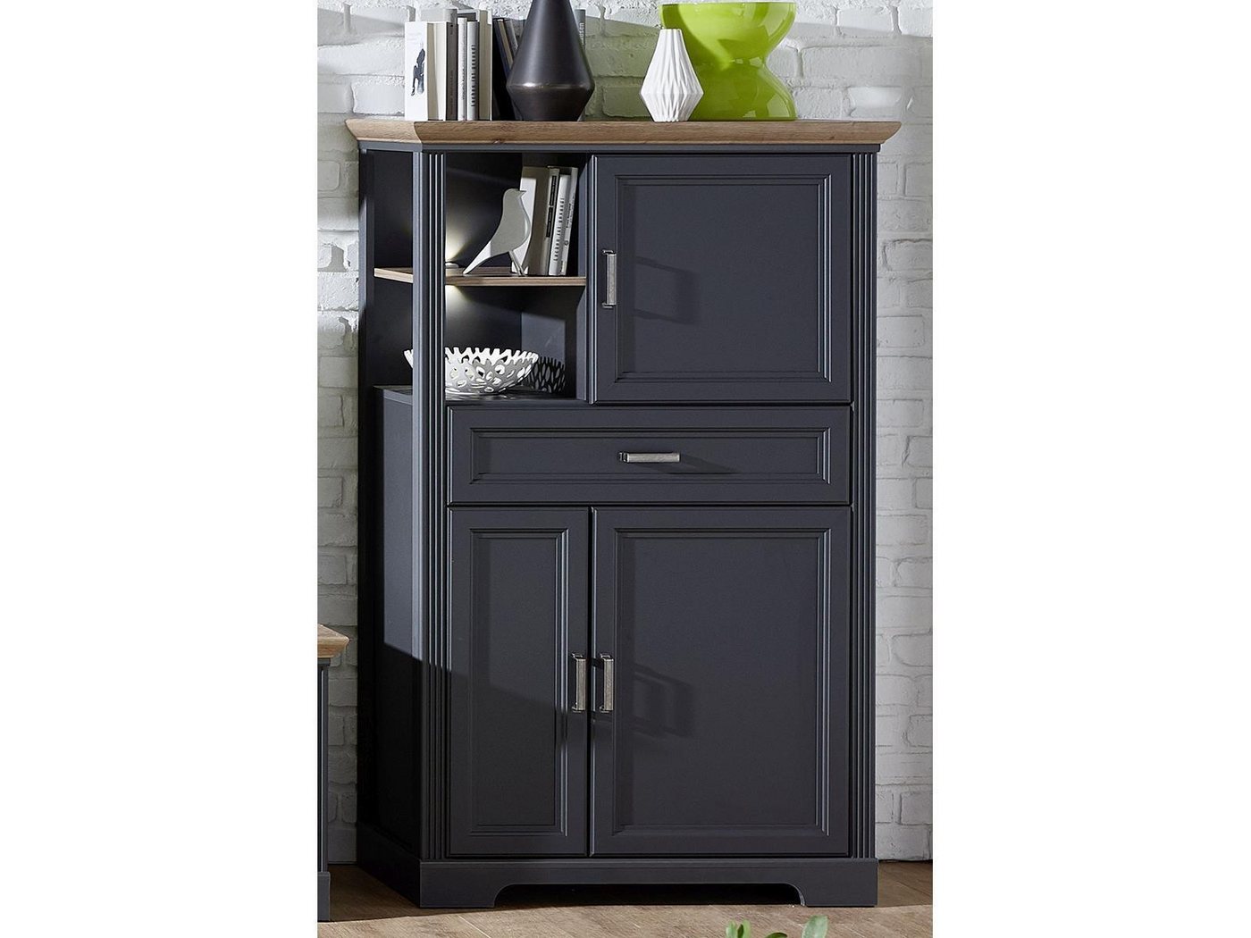 möbelando Highboard Jasmin, Highboard mit 3 Holztüren und 1 Schublade sowie 2 offene Fächer. Tür und Schubkasten mit Soft-Close-Funktion und Metallgriffen inkl. Beleuchtung möbelando Highboard Jasmin, Highboard mit 3 Holztüren und 1 Schublade sowie 2 offene Fächer. Tür und Schubkasten mit Soft-Close-Funktion und Metallgriffen inkl. Beleuchtung von möbelando