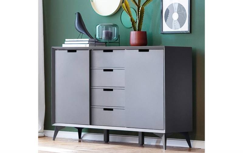 möbelando Highboard Nemea, Modernes Highboard aus Spanplatte, Korpus in Grau matt lackiert, Front Grau bzw. Weiß (wechselbar), Gestell aus Metall in Grau mit 2 Holztüren und 4 Schubkästen. Breite 137 cm, Höhe 92 cm, Tiefe 40 cm von möbelando