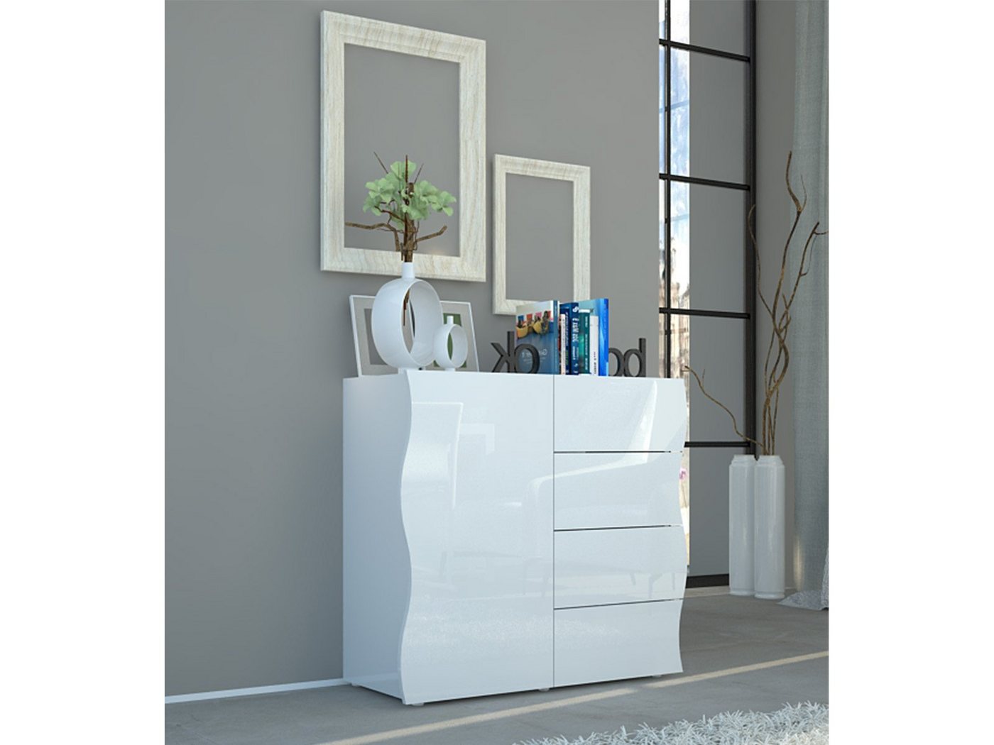 möbelando Highboard Onda, Modernes Highboard aus Spanplatte in weiß-Hochglanz mit 4 Schubkästen und 1 Tür dahinter 1 Einlegeboden. Breite 90 cm, Höhe 81,2 cm, Tiefe 40 cm. von möbelando