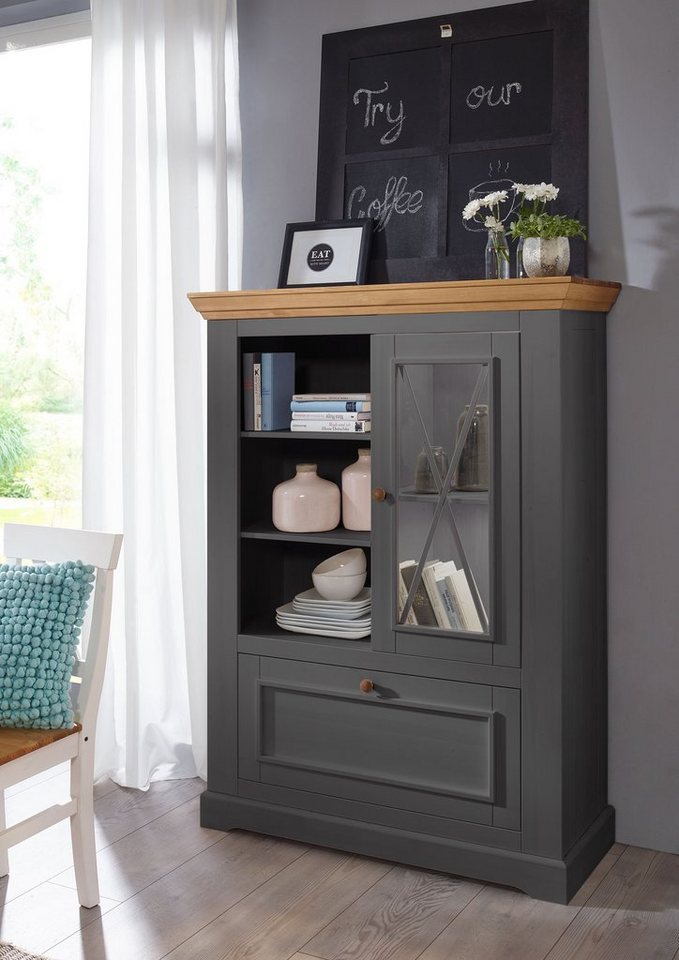 Lebenswert Highboard WZ-0133 (BxHxT: 108x152x42 cm), aus Kiefer in grau mit einer Tür und Absetzungen in eichefarbig von Lebenswert