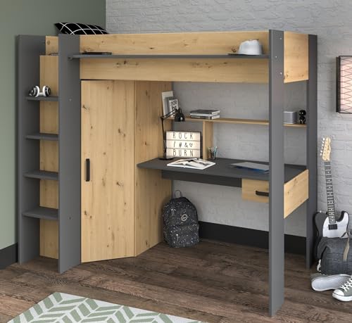 möbelando Hochbett >Heavy 1< in Artisan Eiche/Schwarz - 205x179x117cm (LxHxT) von möbelando