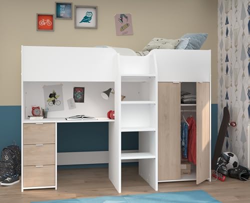 möbelando Hochbett >Tom 1< in Jacksen Eiche/Weiss - 203x95x147cm (LxBxH) von möbelando
