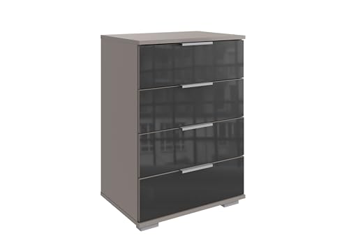 möbelando Hochkommode >Easy Plus< mit 4 Schubladen in Saharagrau & Glas Grey, modernes Design, B/H/T: 52/74/38 cm, pflegeleicht, Made in Germany, zerlegt geliefert von möbelando