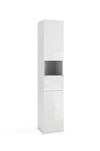 möbelando Hochschrank >Hamburg< Hamburg Bad Hochschrank ? 360°-Drehbarer Hochschrank mit Spiegel, 2 Türen und 1 Schubkasten in weiß Hochglanz, Maße: B/H/T ca. 35/185/35 cm von möbelando