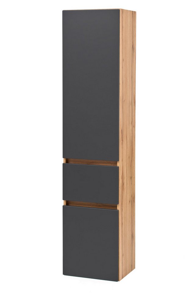 möbelando Seitenschrank Kopenhagen Moderner Seitenschrank, Korpus aus melaminharzbeschichteter Spanplatte in Wotaneiche, Front aus MDF in Matt Grau, mit 2 Türen, 4 Einlegeböden sowie 1 Schubkasten mit Softclose-Funktion, Breite 40, Höhe 180 cm, Tiefe 35 cm. von möbelando