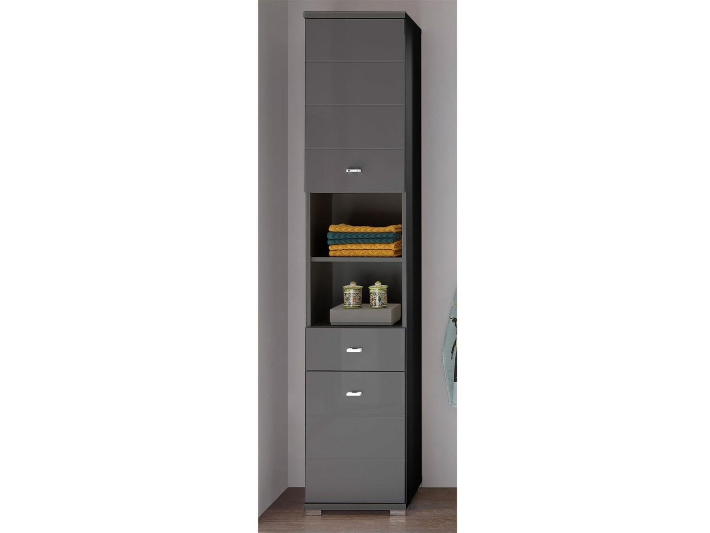 möbelando Hochschrank Peter Moderner Hochschrank, Korpus aus Spanplatte in Anthrazit, Front aus MDF in Anthrazit tiefzieh Hochglanz mit 2 Türen 1 Schubkasten, 3 Einlegeböden. Breite 38 cm, Höhe 190 cm, Tiefe 30 cm von möbelando