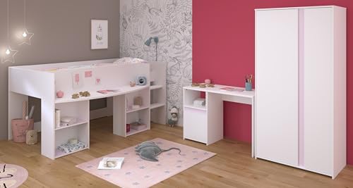 möbelando Jugendzimmer-Set >Pirouette 13< (3-teilig) Weiss/Rose oder grau, Hochbett, Schrank, Schreibtisch von möbelando