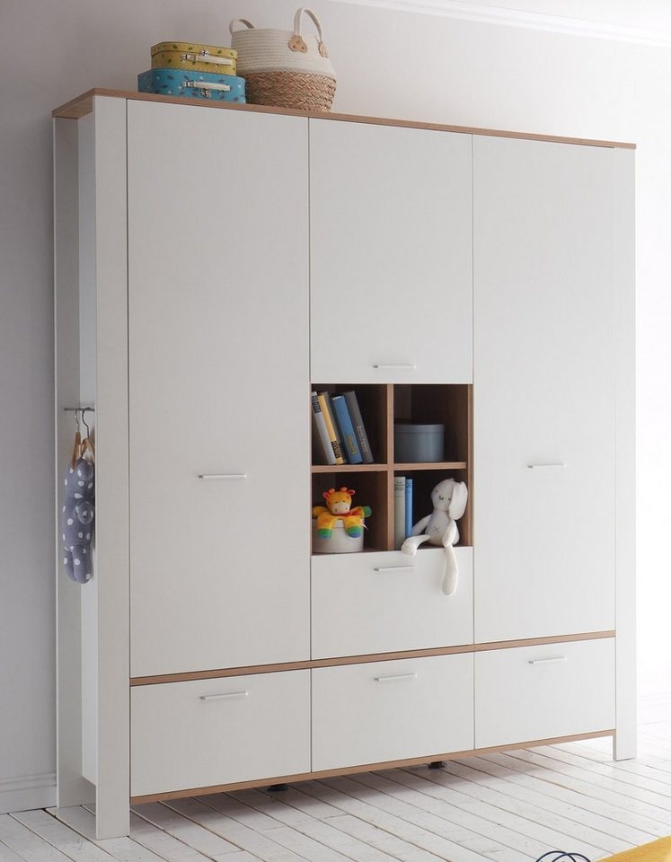 möbelando Kleiderschrank Adele (BxHxT: 160x195x47 cm) in weiß matt lack / asteiche mit 4 Schubladen und 3 Türen von möbelando