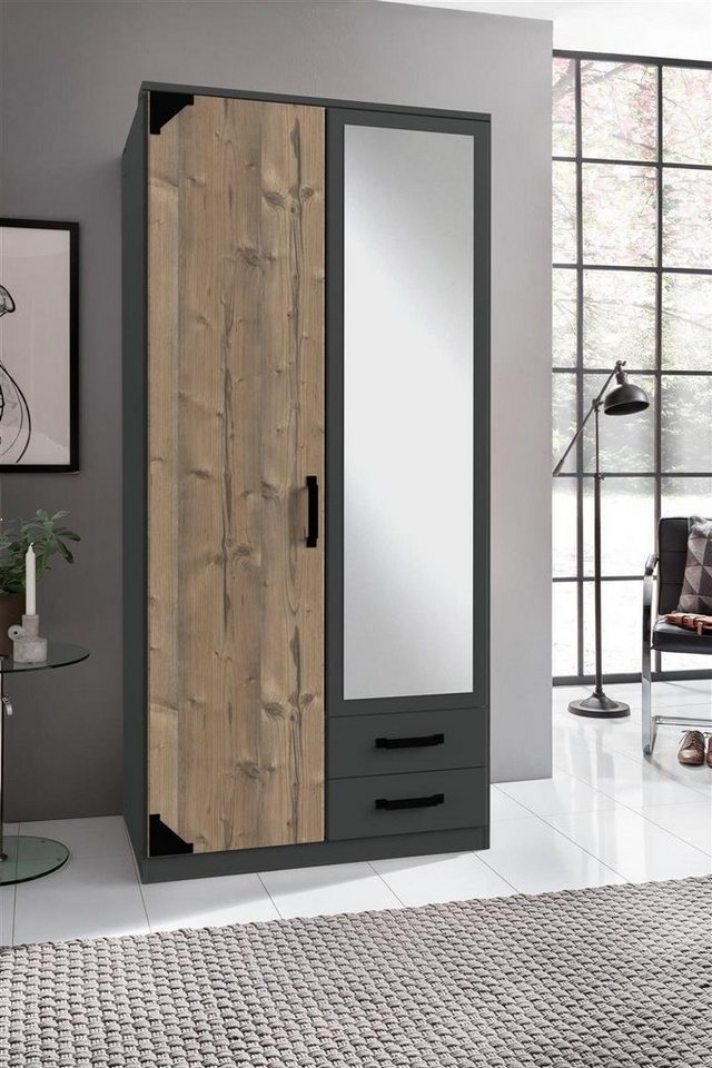 möbelando Kleiderschrank Barton Moderner Kleiderschrank aus Spanplatte in Graphit, Absetzung in Silver-fir Nachbildung mit 1 Holztür, 1 Spiegeltür, 2 Schubkästen, 1 Einlegeboden und 1 Kleiderstange. Breite 90 cm, Höhe 198 cm, Tiefe 58 cm, Made in Germany von möbelando