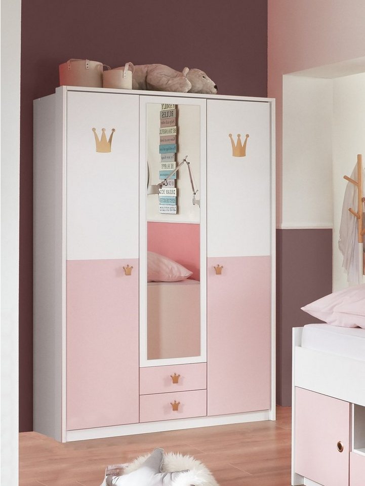 freiraum Kleiderschrank Cindy2 (BxHxT: 139x199x58 cm) in WEISS + ABSETZUNGEN ROSE mit 2 Schubladen und 3 Türen von freiraum