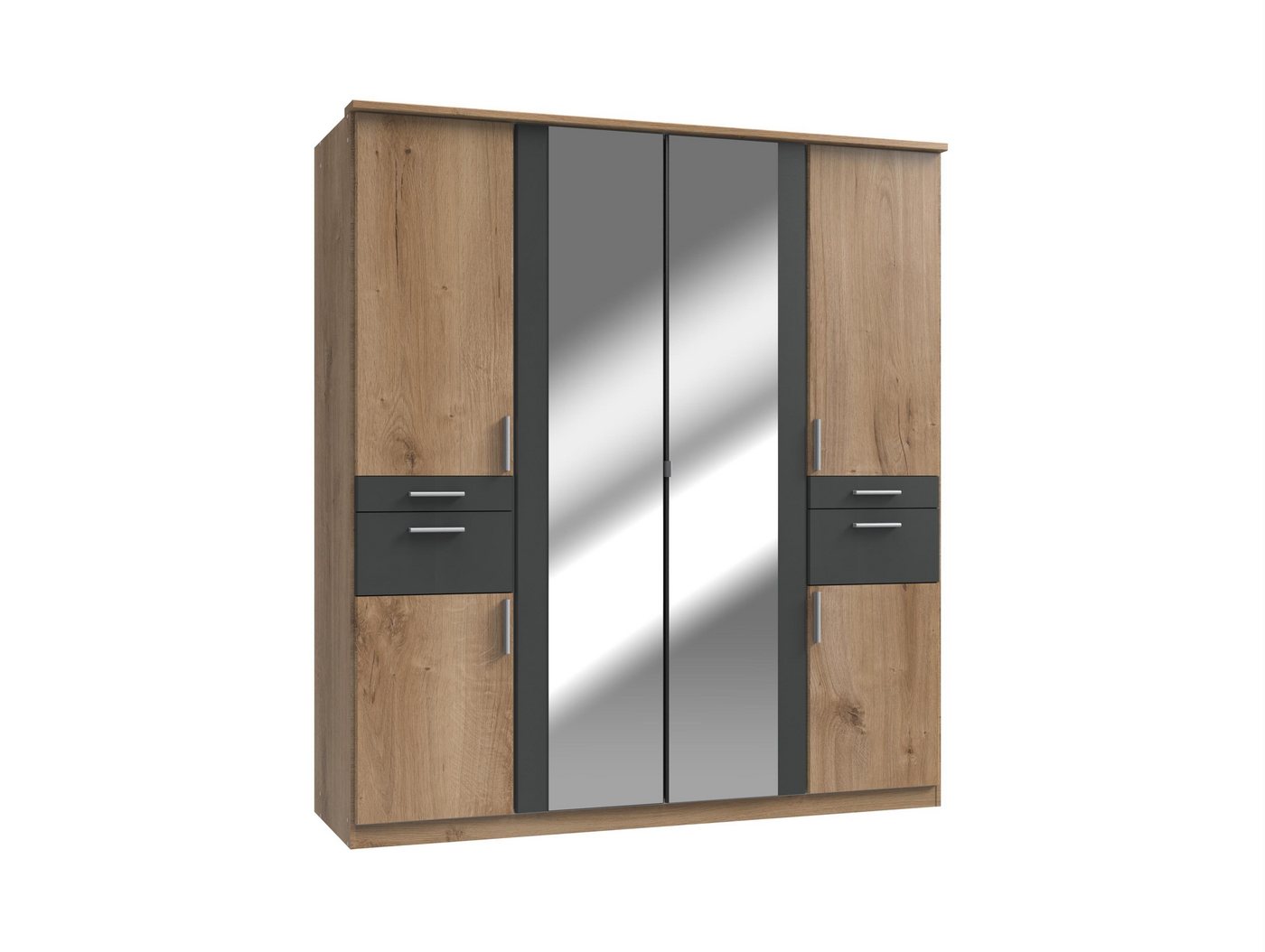 möbelando Kleiderschrank Kalindi Moderner Kleiderschrank aus Spanplatte in Plankeneiche Nachbildung, Absetzungen in Graphit mit 4 Holztüren, 2 Spiegelüren, 3 Einlegeböden, 3 Kleiderstangen und 4 Schubkästen (davon 2 mit Accessoire-Fach) Breite 199 cm, Höhe 198 cm, Tiefe 58 cm, Made in Germany von möbelando