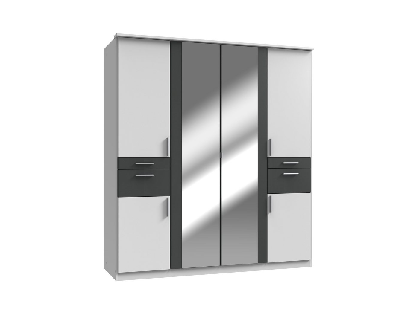 möbelando Kleiderschrank Kalindi Moderner Kleiderschrank aus Spanplatte in Weiß, Absetzungen in Graphit mit 4 Holztüren, 2 Spiegelüren, 3 Einlegeböden, 3 Kleiderstangen und 4 Schubkästen (davon 2 mit Accessoire-Fach) Breite 199 cm, Höhe 198 cm, Tiefe 58 cm, Made in Germany von möbelando