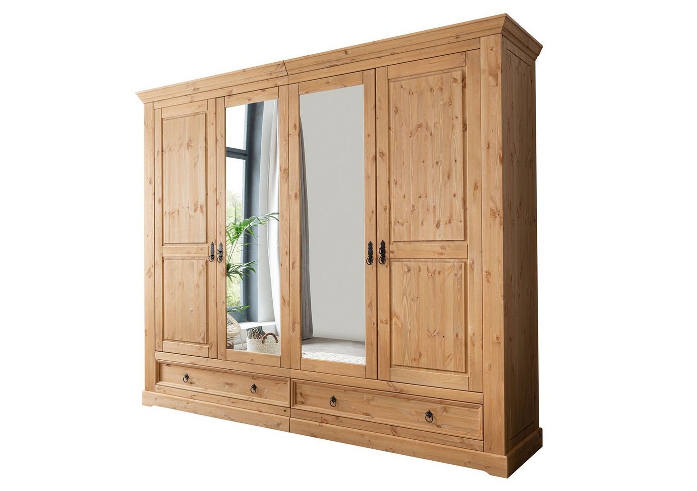 möbelando Kleiderschrank SZ-0079 aus Kiefernholz geölt und gebeizt in eiche mit 2 Schubladen und 4 Türen. Abmessungen (BxHxT) 254x215x62 cm von möbelando