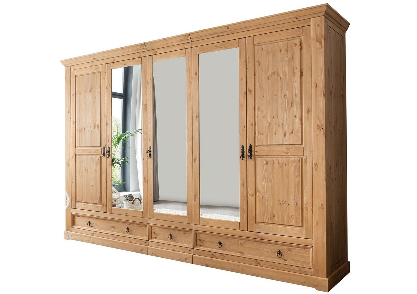 möbelando Kleiderschrank SZ-0079 aus Kiefernholz geölt und gebeizt in eiche mit 3 Schubladen und 5 Türen. Abmessungen (BxHxT) 310x215x62 cm von möbelando