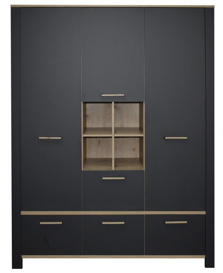 möbelando Kleiderschrank Tom (BxHxT: 160x195x47 cm) in anthrazit matt lack / asteiche mit 4 Schubladen und 3 Türen von möbelando