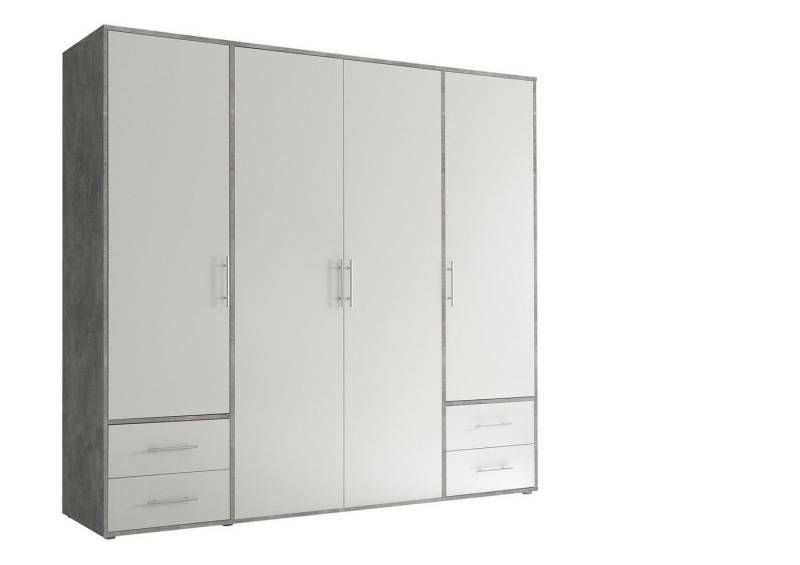 möbelando Kleiderschrank Valencia (BxHxT: 206x195x60 cm) in Beton Optik / Weiß mit 4 Schubladen und 4 Türen von möbelando