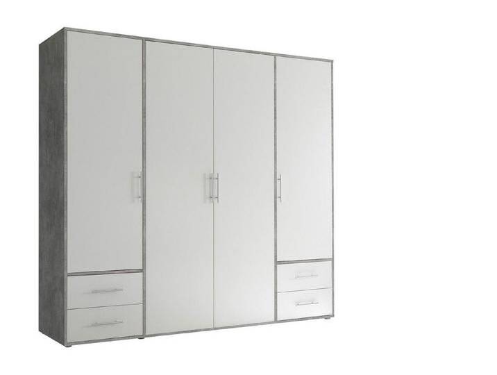 möbelando Kleiderschrank Valencia (BxHxT: 206x195x60 cm) in Beton Optik / Weiß mit 4 Schubladen und 4 Türen von möbelando