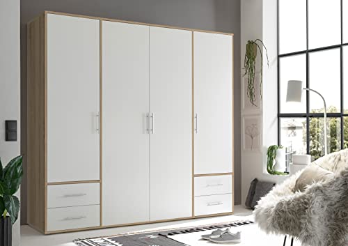 möbelando Kleiderschrank Valencia in Sonoma Eiche/Weiß mit 4 Schubladen und 4 Türen. Abmessungen (BxHxT) 206x195x60 cm von möbelando