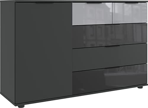 möbelando Kombikommode Monaco in Graphit, Glas SCHWARZ Glas Light Grey mit 5 Schubladen und Einer Tür. Abmessungen (BxH) 130x83 cm von möbelando