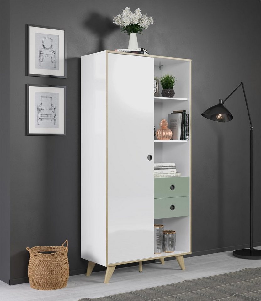 möbelando Highboard Ankeny, Highboard im skandinavischen Design, Korpus aus Spanplatte, Front aus MDF in Weiß-Hochglanz, Absetzungen in Grün Hochglanz mit 1 Holztür, 2 Schubkästen, 1 Konstruktionsboden, 3 Einlegeböden und 4 offenen Fächern. Breite 90 cm, Höhe 188 cm, Tiefe 40 cm von möbelando