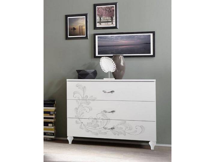 möbelando Kommode Noella (BxHxT: 104x92x46 cm), in Weiss Melamin mit Siebdruck mit 3 Schubladen von möbelando