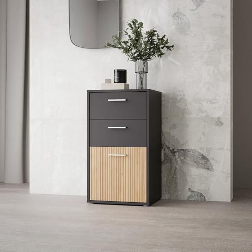 möbelando Kommode >Quadro 2< Mir 2 Schubladen und 1 Tür, in grau/Lamela Eiche Dekor - 48,8x95,1x40cm (B/H/T) von möbelando