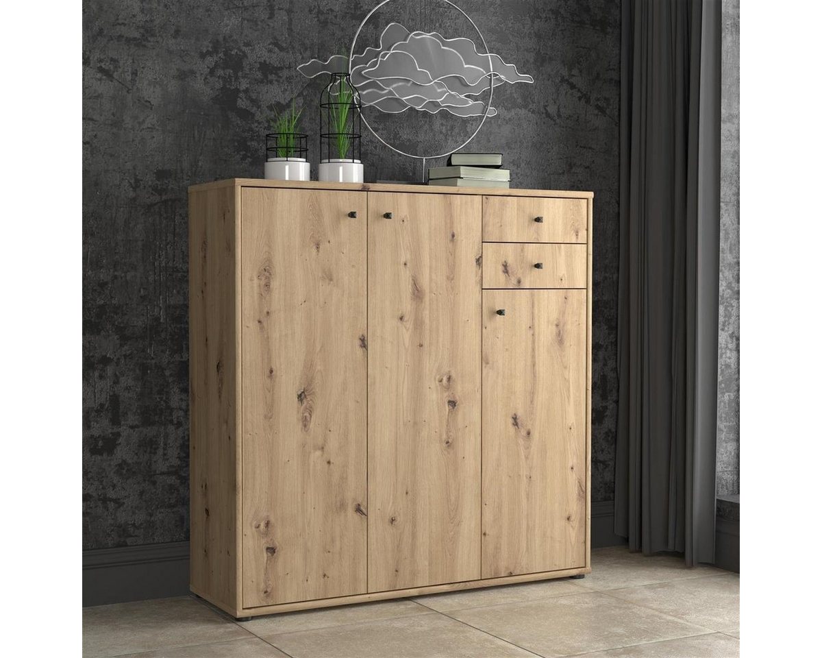 möbelando Kommode Tembi, Moderne Kommode aus Spanplatte in Artisan Eiche Nachbildung mit 3 Holztüren, 2 Schubkästen und 4 Einlegeböden. Breite 108,8 cm, Höhe 111,1 cm, Tiefe 34,8 cm von möbelando