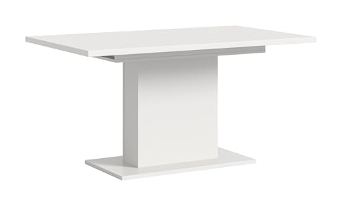 möbelando Kulissen-Esstisch >Motion< in weiß Nachbildung Esszimmer Ausziehbar mit Einlegeplatte Höhe bis Tischplatte: 73,4cm Säulen-Fußgestell FSC-zertifizierter Holzwerkstoff 150-190x76x80 (LxBxH) von möbelando