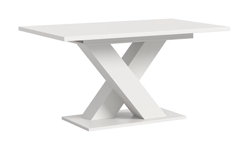 möbelando Kulissen-Esstisch >Motion< in weiß Nachbildung Esszimmer Ausziehbar mit Einlegeplatte Höhe bis Tischplatte: 73,4cm X-Fußgestell FSC-zertifizierter Holzwerkstoff 150-190x76x80 (LxBxH) von möbelando