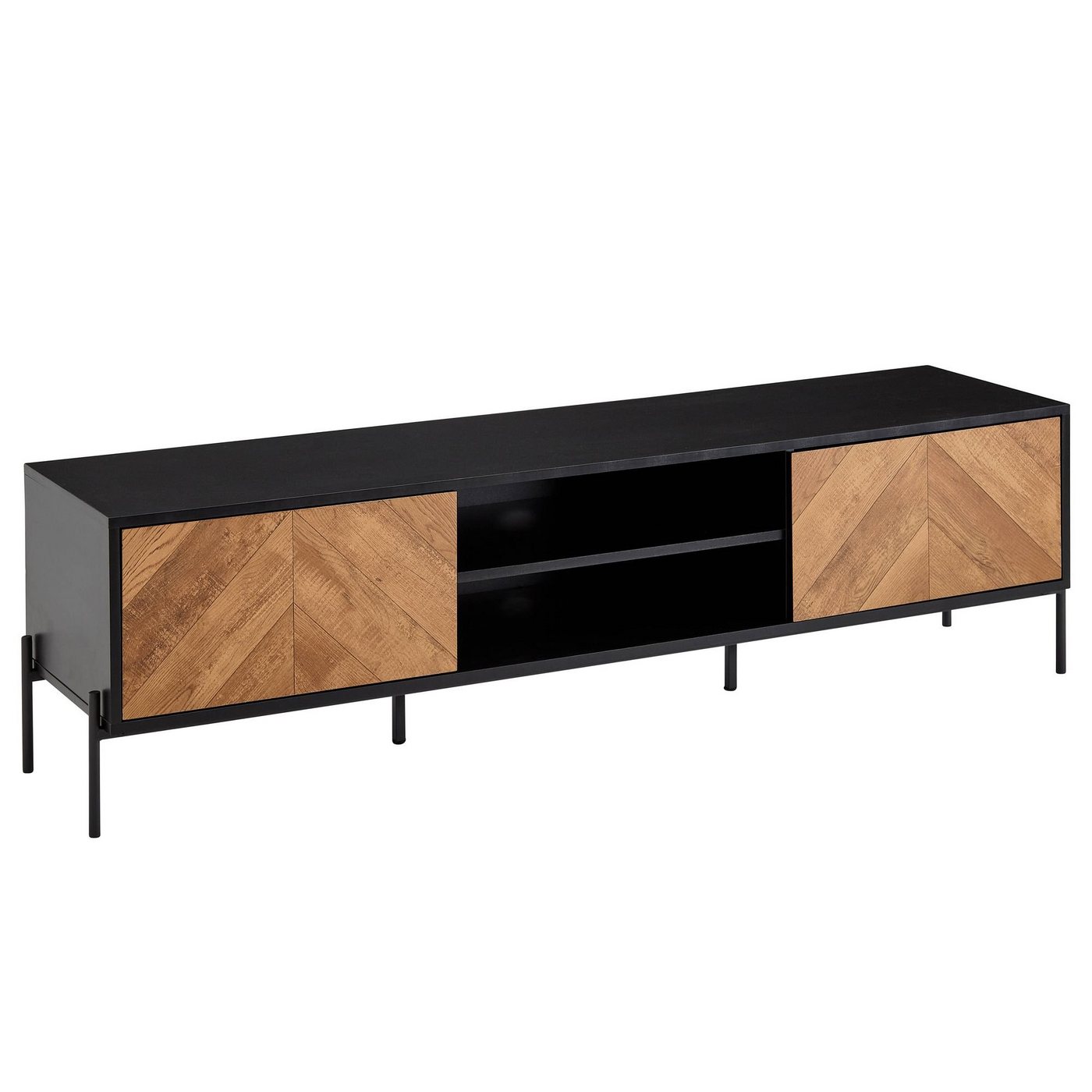 möbelando Lowboard Lowboard Holz Schwarz / Eiche-Dekor 163x45x40 cm, Lowboard Holz Schwarz / Eiche-Dekor 163x45x40 cm TV-Kommode mit zwei Türen, Design TV-Schrank Hoch, Fernsehtisch Fernsehschrank Modern, Fernsehkommode Wohnzimmer von möbelando