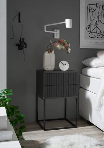möbelando Marle Nachttisch in Graphit - Moderner Nachtschrank mit Schubladen und schwarzem Metallgestell - 40 x 65 x 38,5 cm (B/H/T) von möbelando