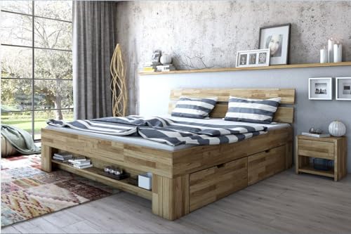 möbelando Massivholzbett >Link< 4 Bettkästen, Regal im Fußteil, 2-geteiltes Kopfteil, Wildeiche massiv geölt, Liegefläche 140x200cm, ideal für Jugend- & Gästezimmer - 145x88x215 (BxHxT) von möbelando