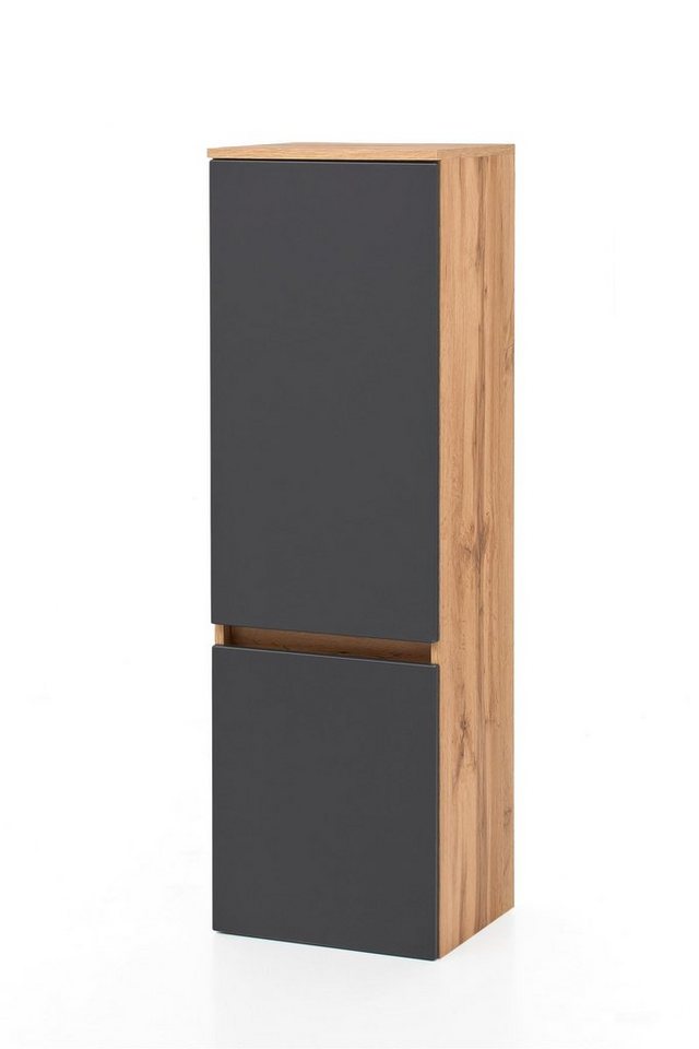 möbelando Midischrank Kopenhagen Moderner Midischrank, Korpus aus melaminharzbeschichteter Spanplatte in Wotaneiche, Front aus MDF in Matt Grau, mit 2 Türen und 3 Einlegeböden, Breite 40, Höhe 130 cm, Tiefe 35 cm. von möbelando