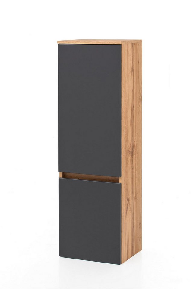 möbelando Midischrank Kopenhagen Moderner Midischrank, Korpus aus melaminharzbeschichteter Spanplatte in Wotaneiche, Front aus MDF in Matt Grau, mit 2 Türen und 3 Einlegeböden, Breite 40, Höhe 130 cm, Tiefe 35 cm. von möbelando