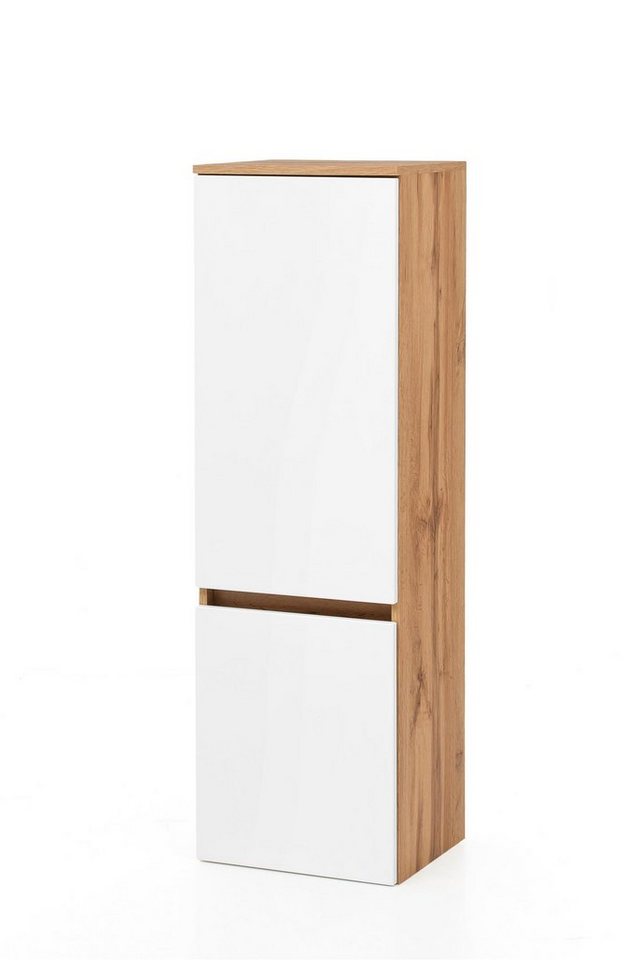 möbelando Midischrank Kopenhagen Moderner Midischrank, Korpus aus melaminharzbeschichteter Spanplatte in Wotaneiche, Front aus MDF in Matt Weiß, mit 2 Türen und 3 Einlegeböden, Breite 40, Höhe 130 cm, Tiefe 35 cm. von möbelando