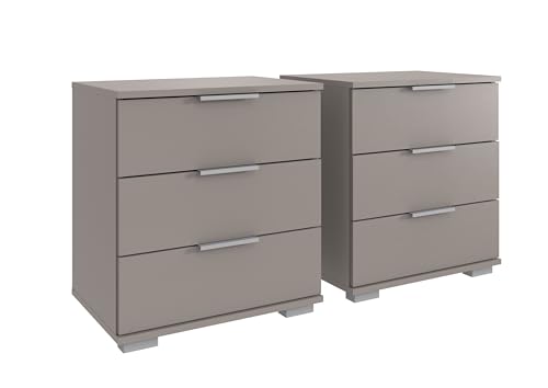 möbelando Nachtkommode >Easy Plus< 2er-Set, 52 cm Breite, 58 cm Höhe, 38 cm Tiefe, je 3 Schubladen, Saharagrau, modernes Design für Schlafzimmer, Stabiler Spanplattenkorpus, Made in Germany von möbelando