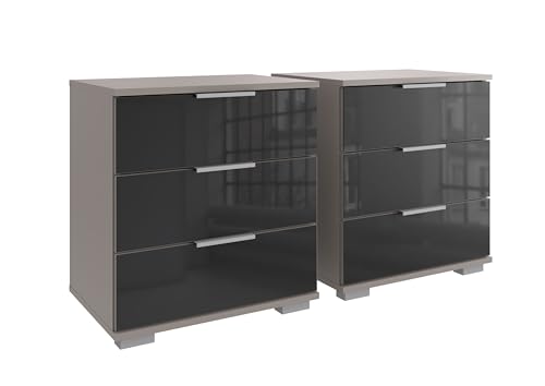 möbelando Nachtkommode >Easy Plus< 2er Set, je 3 Schubladen in Saharagrau mit Glas-Schwarz Front, 52 cm breit, 58 cm hoch, 38 cm tief, modernes Design, Made in Germany, zerlegt geliefert von möbelando