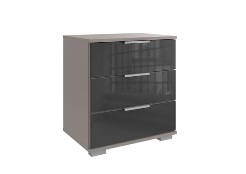 möbelando Nachtkommode >Easy Plus< Saharagrau Glas Grey, 52 cm Breite, 58 cm Höhe, 38 cm Tiefe, 3 Schubladen, modernes Design, Spanplatte, Made in Germany, zerlegt geliefert, Schlafzimmermöbel von möbelando