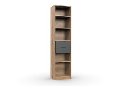 möbelando Regal >TEXEL< PLANKENEICHE Dekor + Graphit Regal mit 2 Schubladen & 3 Einlegeböden, 48x197x40 cm, modernes Design für Jugendzimmer, Made in Germany, zerlegt geliefert von möbelando