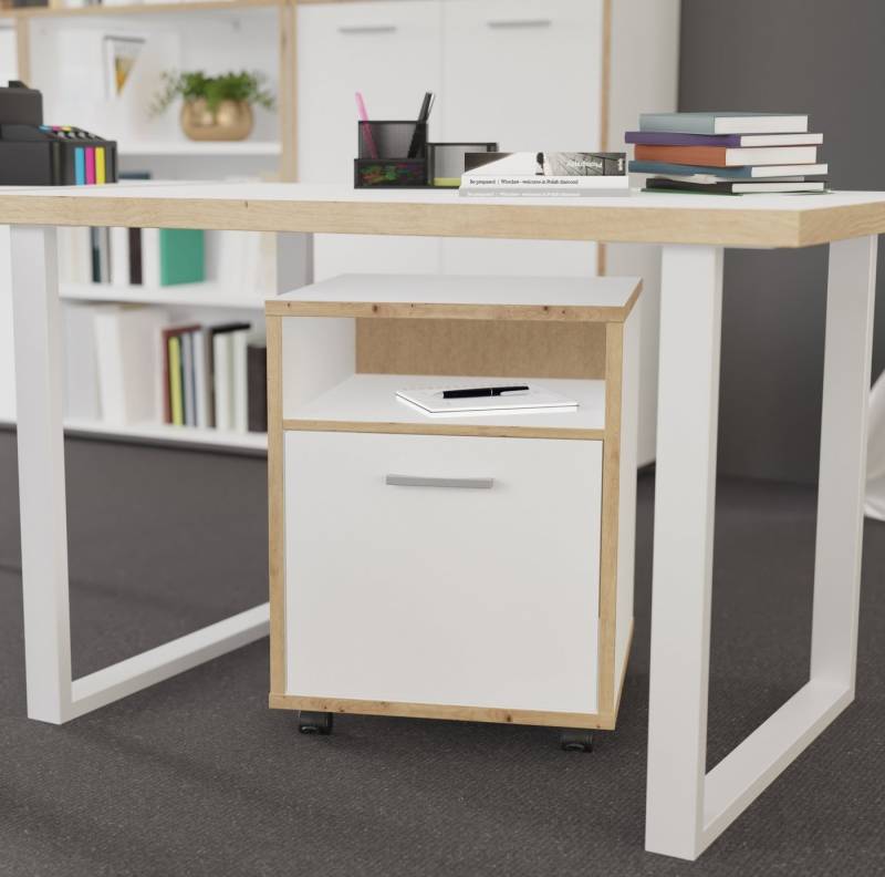 FORTE Rollcontainer in Weiß/ Artisan Eiche - 49,8x64,6x52,2cm (BxHxT) von FORTE